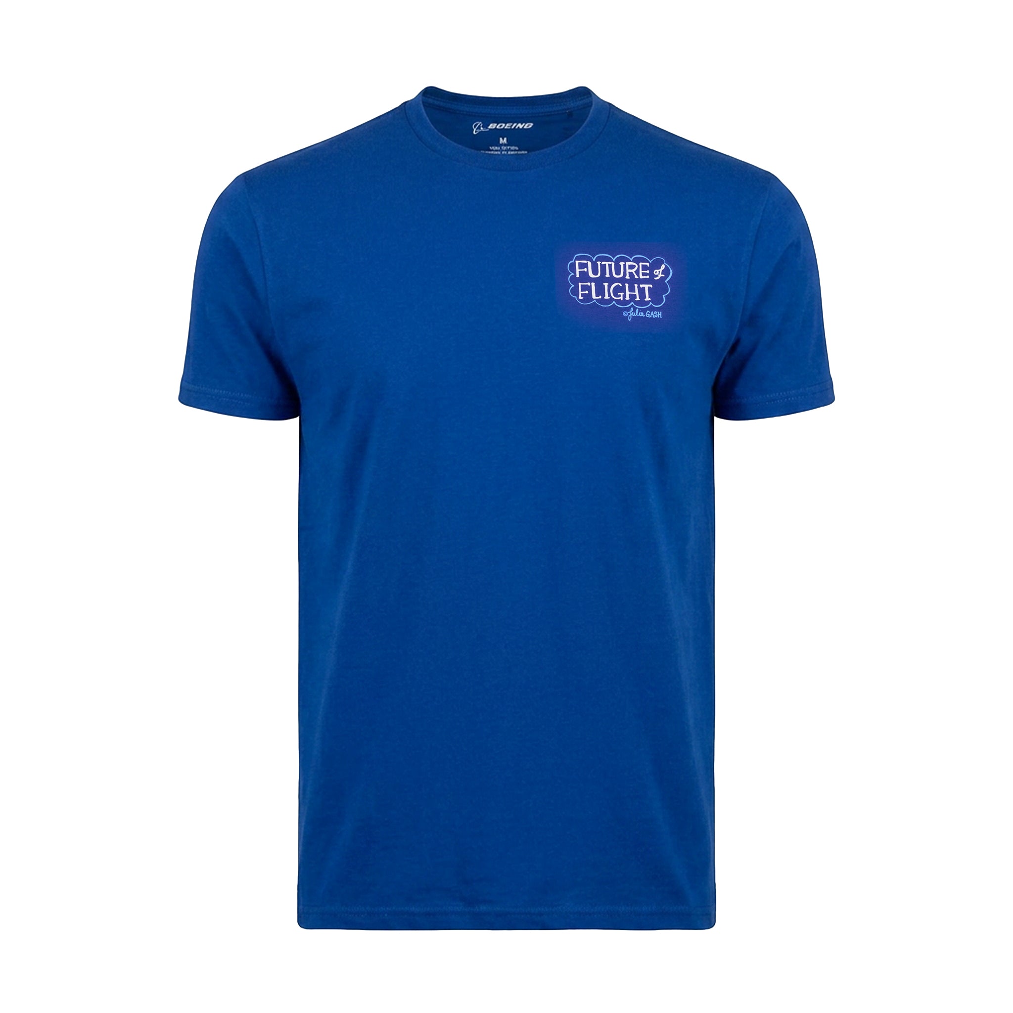 The Boeing Future of Flight Destination Unisex T-Shirt by BOEING is a plain blue tee with a small white Future of Flight graphic and logo on the left chest, shown laid flat on a white background.
