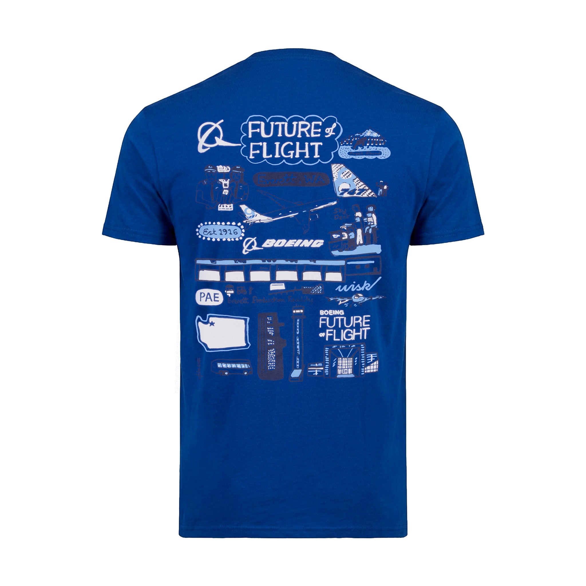 The Boeing Future of Flight Destination Unisex T-Shirt by BOEING features blue fabric with white and light blue graphics on the back, showcasing "FUTURE FLIGHT," a Julia Gash design, planes, a shuttle, and NASA logos.