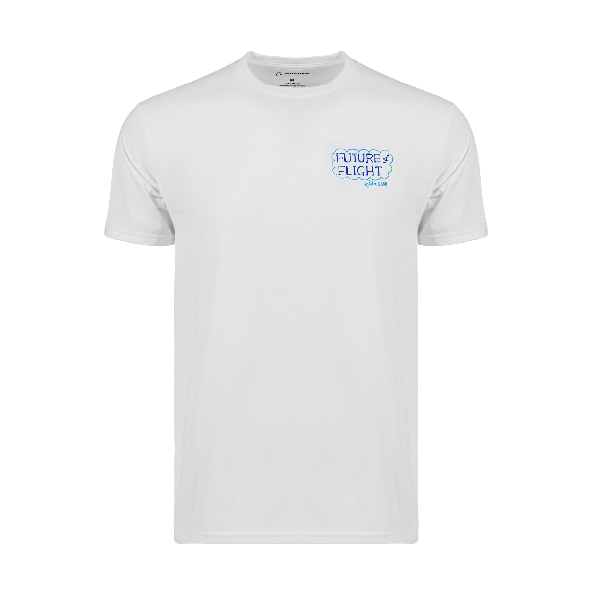 The Boeing Future of Flight Destination Unisex T-Shirt by BOEING features a small blue/light blue "FUTURE FLIGHT" graphic with lightning bolts and "Boeing" beneath on the left chest—perfect for aviation fans.