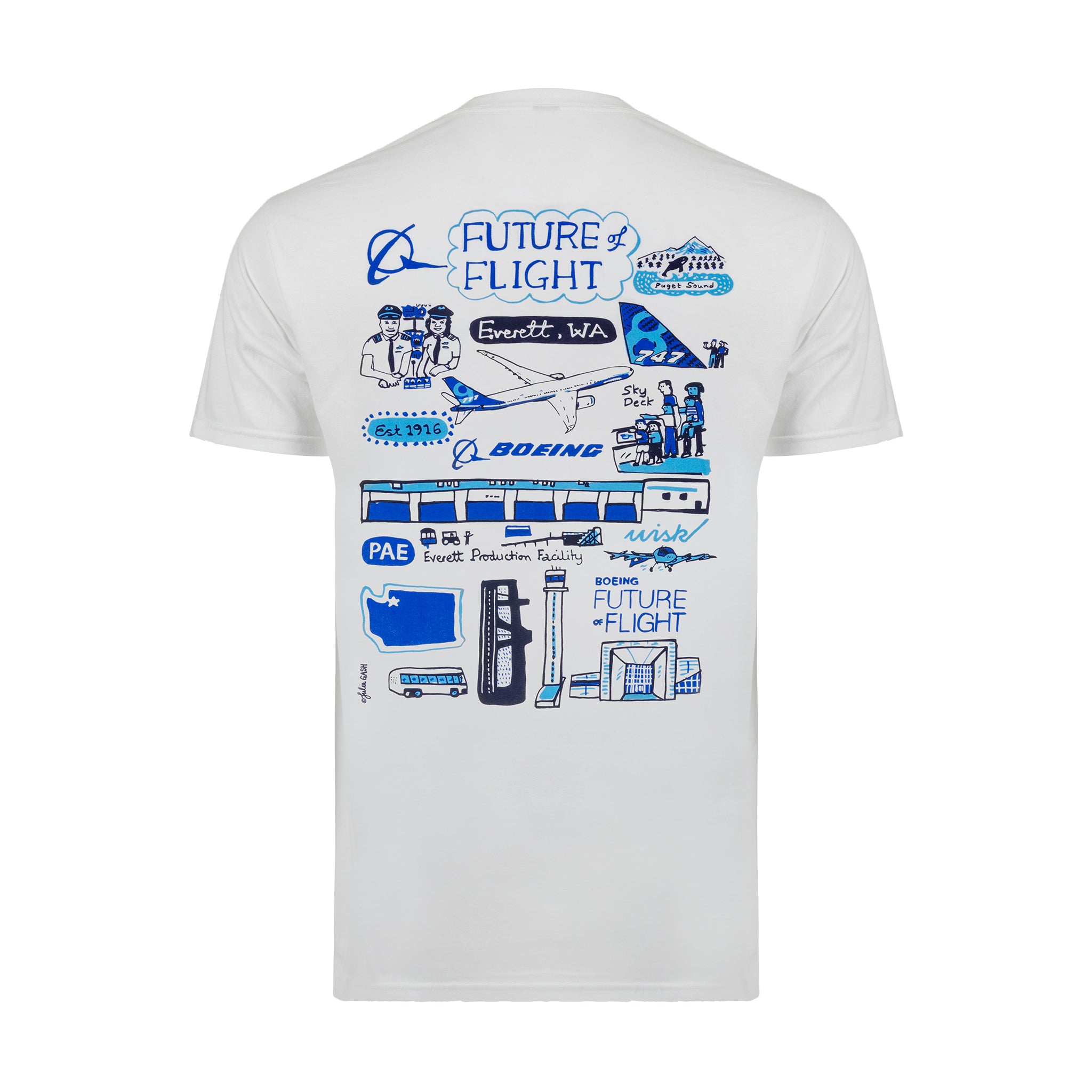 The BOEING Future of Flight Destination Unisex T-Shirt features blue aviation-inspired Julia Gash illustrations and “Future of Flight” text on the back, including a Boeing airplane, map pins, PAE airport code, and Everett, WA designs.