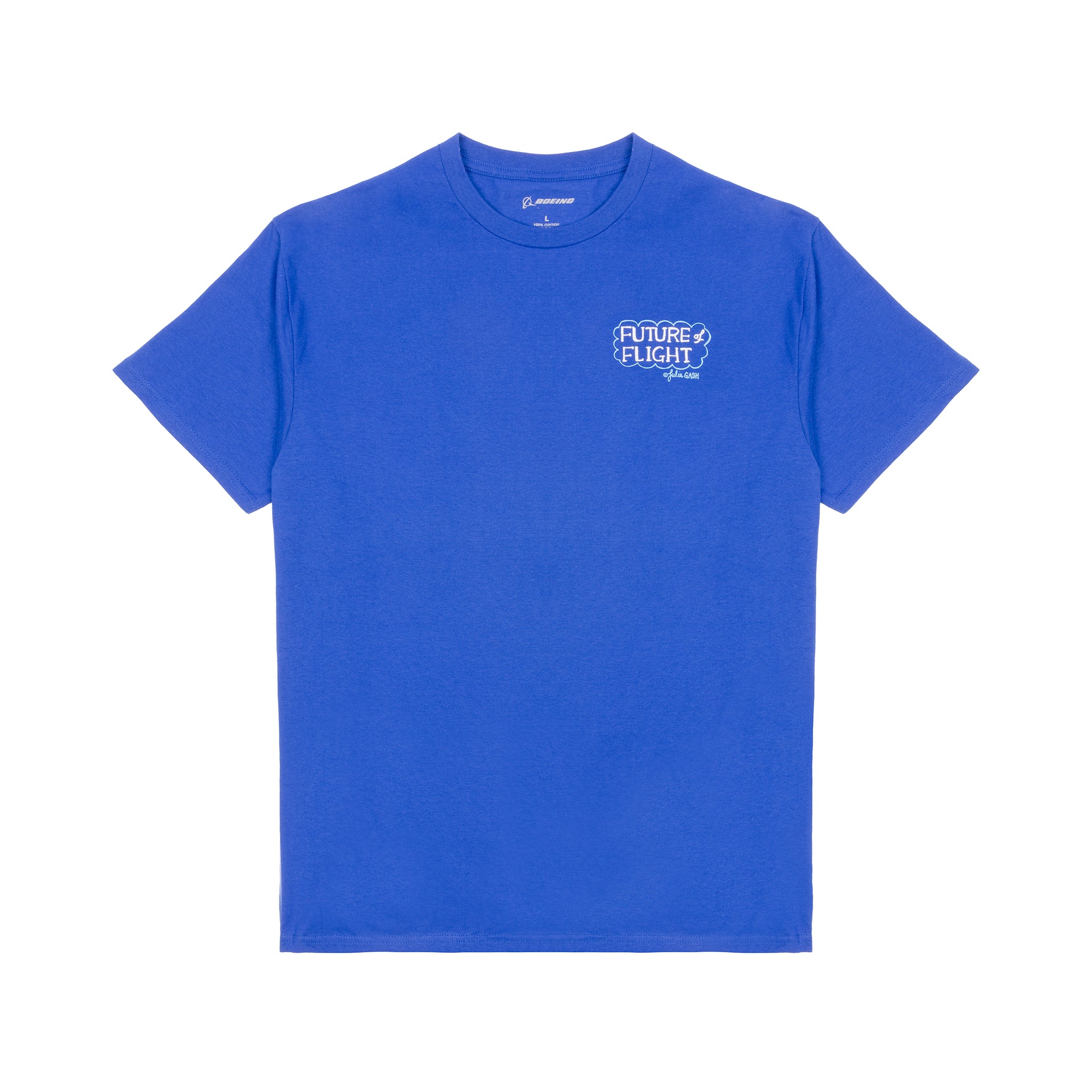 The Boeing Future of Flight Destination Unisex T-Shirt by BOEING is a plain blue tee with a small white Future of Flight graphic and logo on the left chest, shown laid flat on a white background.