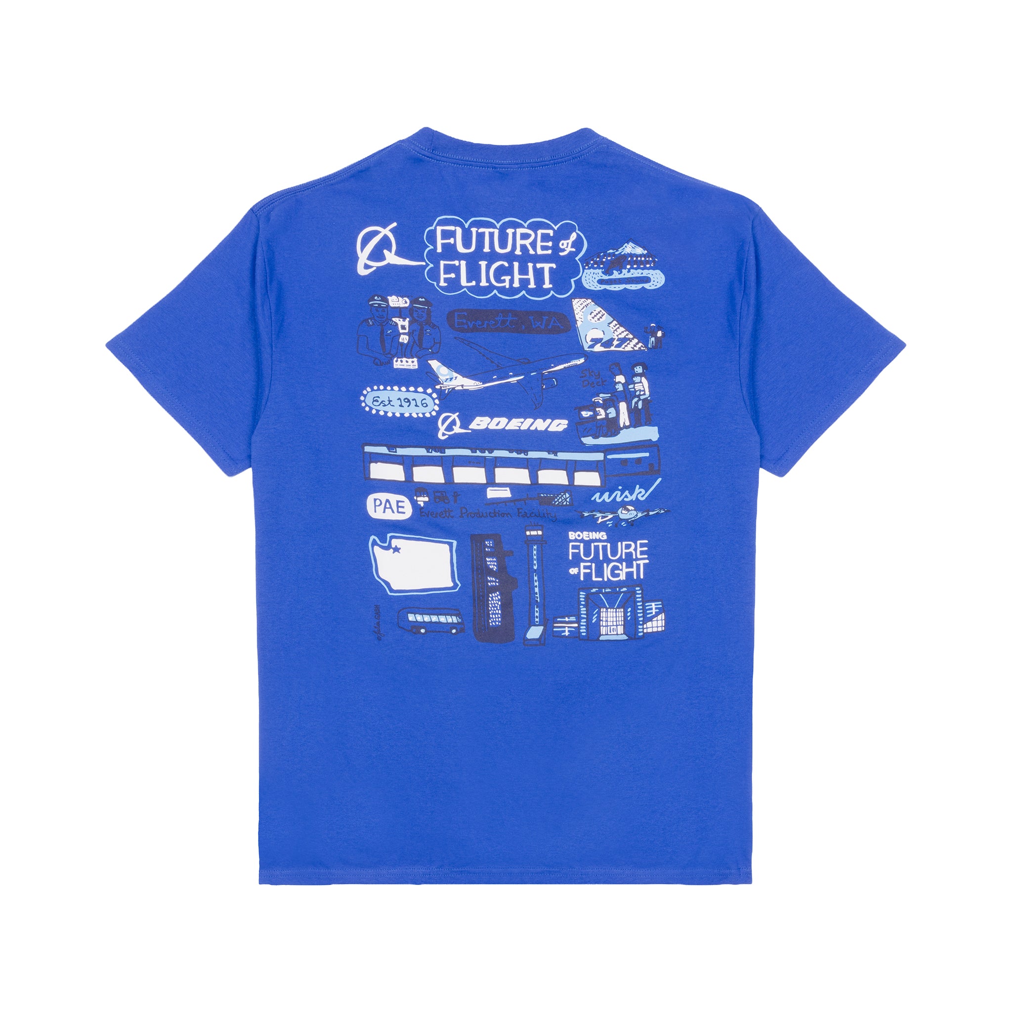 The Boeing Future of Flight Destination Unisex T-Shirt by BOEING features blue fabric with white and light blue graphics on the back, showcasing "FUTURE FLIGHT," a Julia Gash design, planes, a shuttle, and NASA logos.