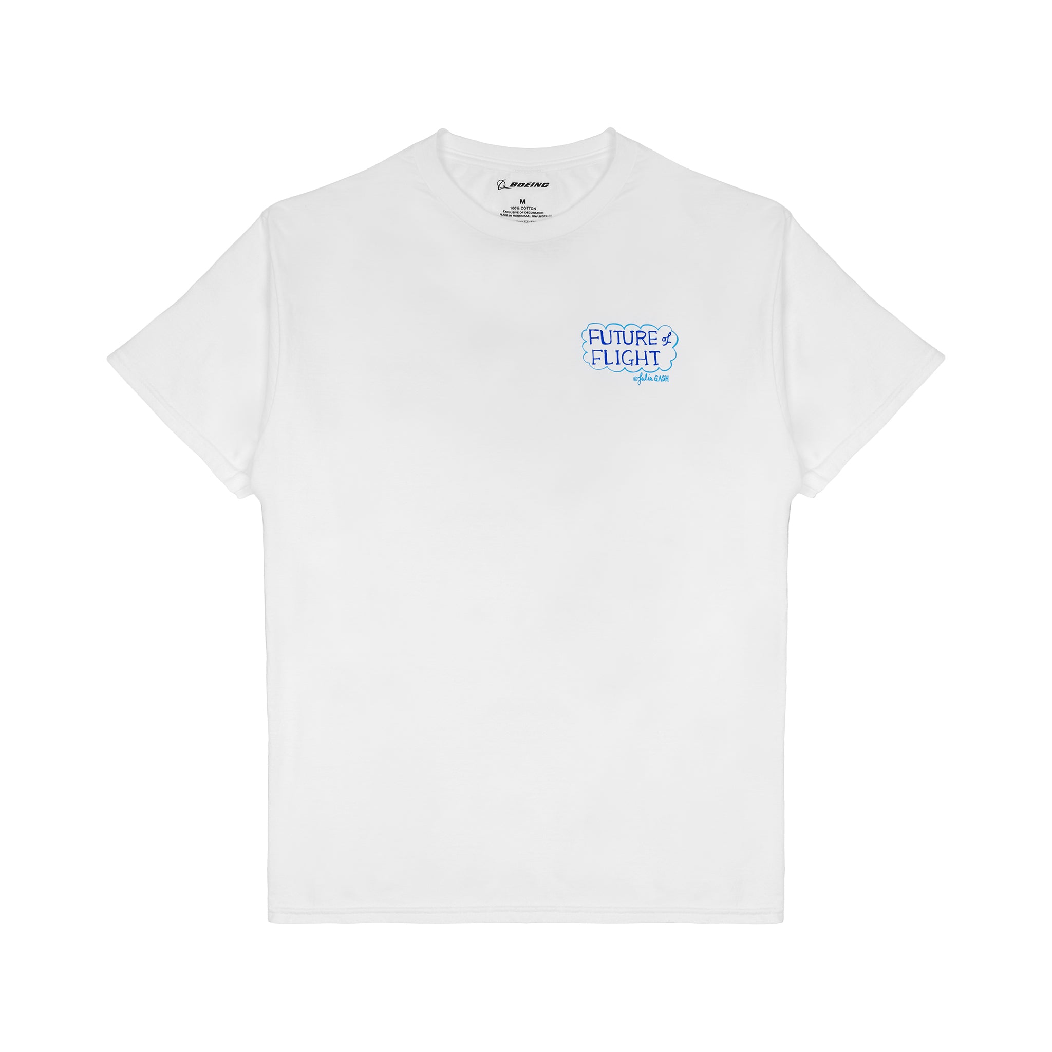 The Boeing Future of Flight Destination Unisex T-Shirt by BOEING features a small blue/light blue "FUTURE FLIGHT" graphic with lightning bolts and "Boeing" beneath on the left chest—perfect for aviation fans.