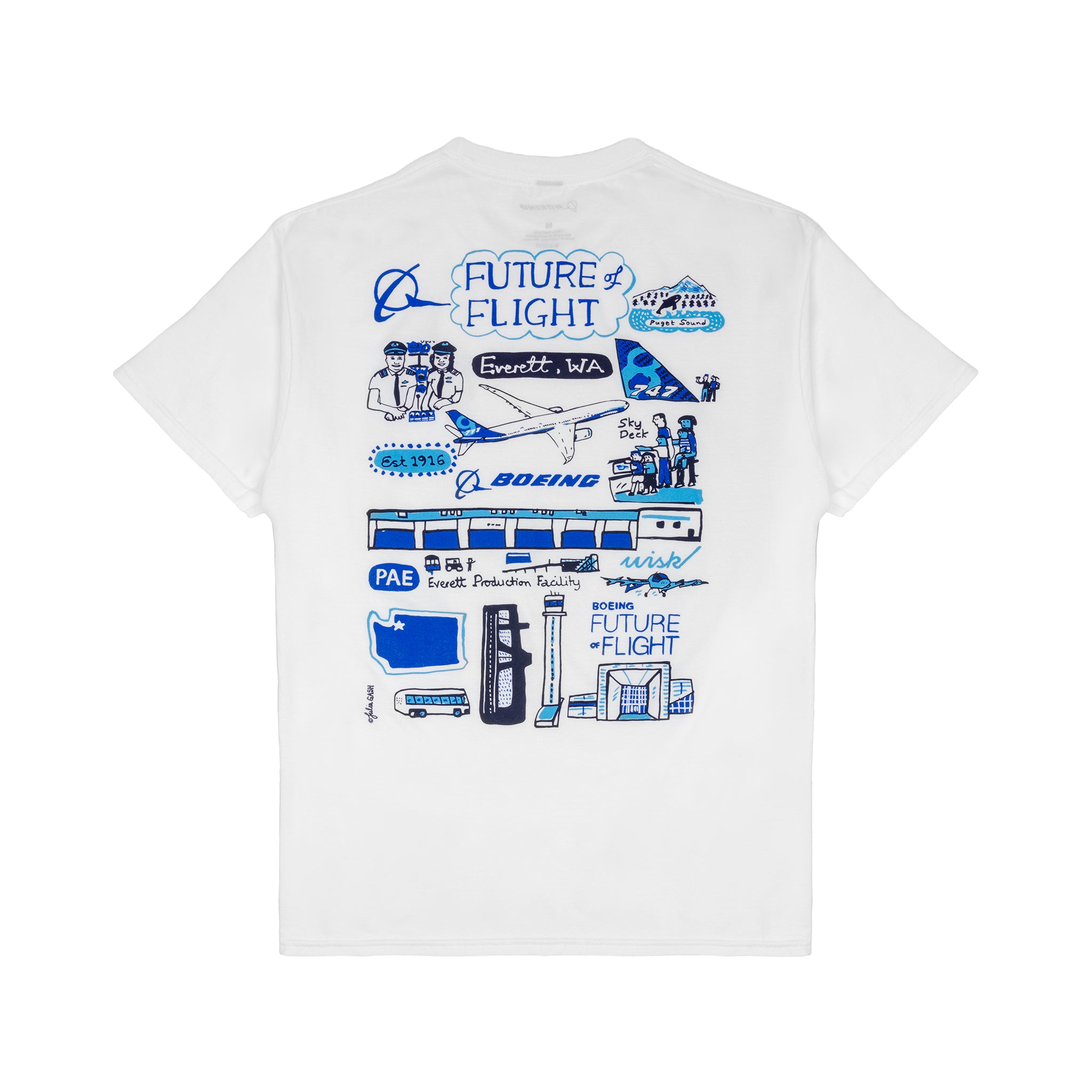 The BOEING Future of Flight Destination Unisex T-Shirt features blue aviation-inspired Julia Gash illustrations and “Future of Flight” text on the back, including a Boeing airplane, map pins, PAE airport code, and Everett, WA designs.