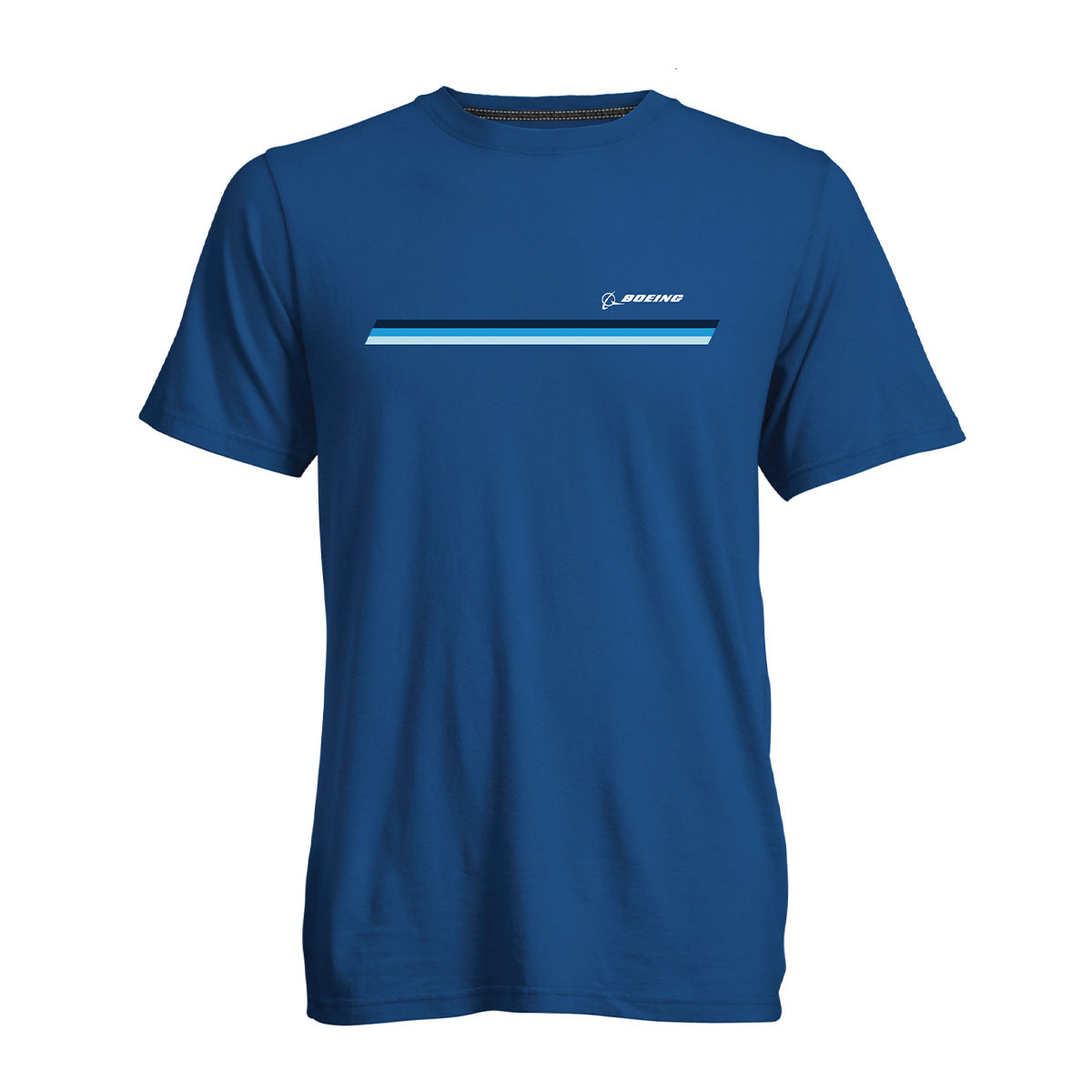 The Boeing Unisex Signature Striped T-Shirt by BOEING is a 100% cotton blue short-sleeve shirt with thin blue and white chest stripes and a small Boeing logo above the stripe, shown on a plain white background.