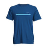 The Boeing Unisex Signature Logo Stripe T-Shirt by BOEING is a blue, 100% cotton short-sleeve tee with a small logo and three horizontal stripes in blue and white across the chest, shown on a plain white background.