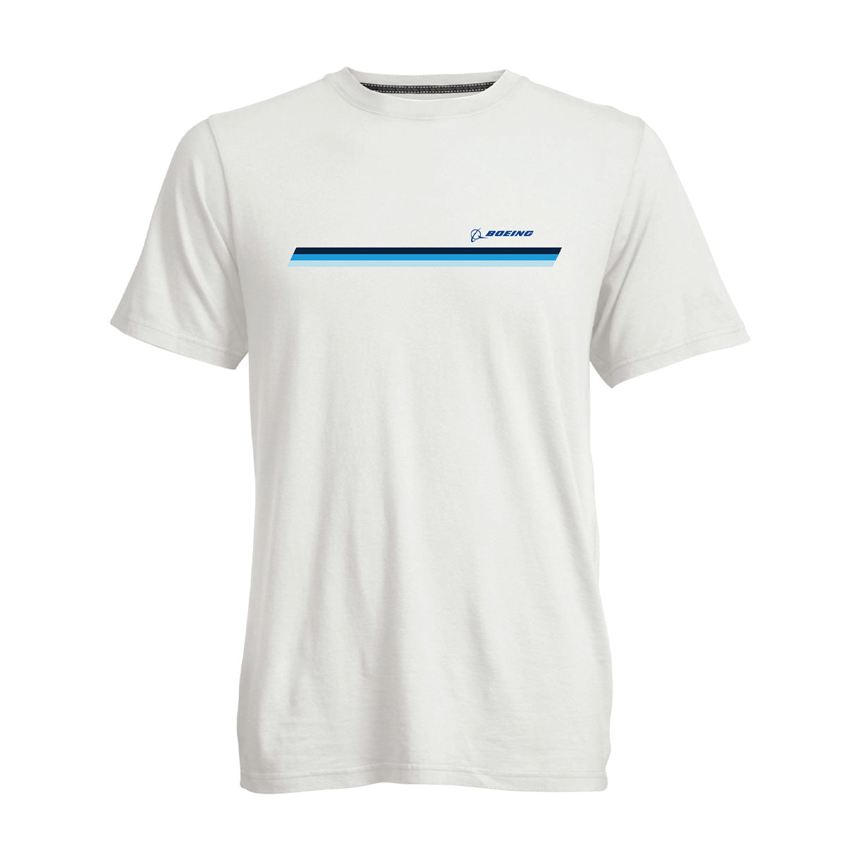 The Boeing Unisex Signature Striped T-Shirt by BOEING is a white, short-sleeve, 100% cotton tee with a vintage wash and thin blue and black chest stripe. The Boeing logo and name appear above the stripe on the left chest.