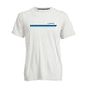 The BOEING Unisex Signature Logo Stripe T-Shirt is a white, 100% cotton vintage wash tee with a small blue stripe and Boeing logo slightly left of center on the upper chest, featuring a minimalistic, simple design.