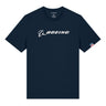 The Boeing Americana Unisex T-Shirt by BOEING is navy blue with the white Boeing logo and name on the chest, plus a small American flag patch on the left sleeve for added patriotic flair.