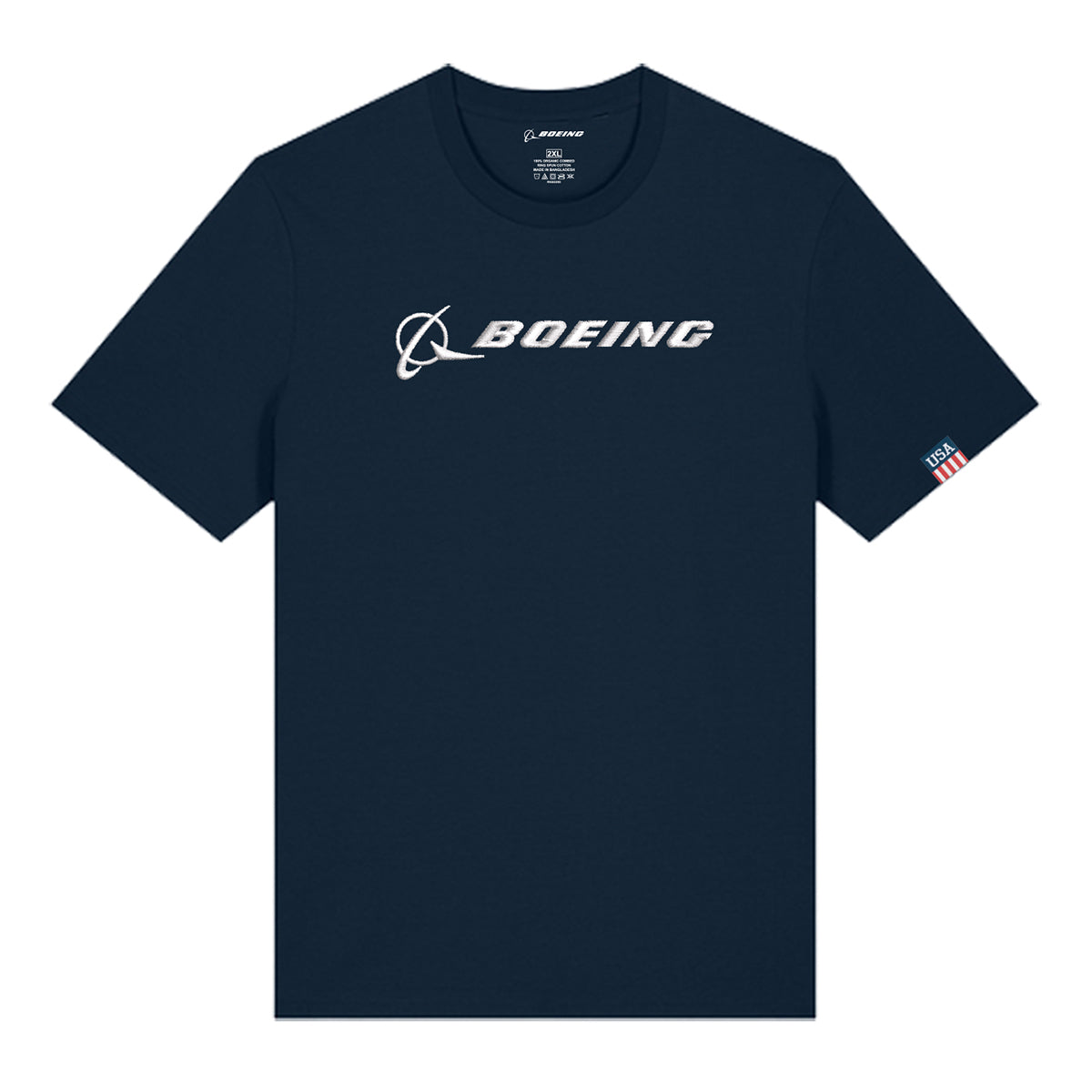 The Boeing Americana Unisex T-Shirt by BOEING is navy blue with the white Boeing logo and name on the chest, plus a small American flag patch on the left sleeve for added patriotic flair.