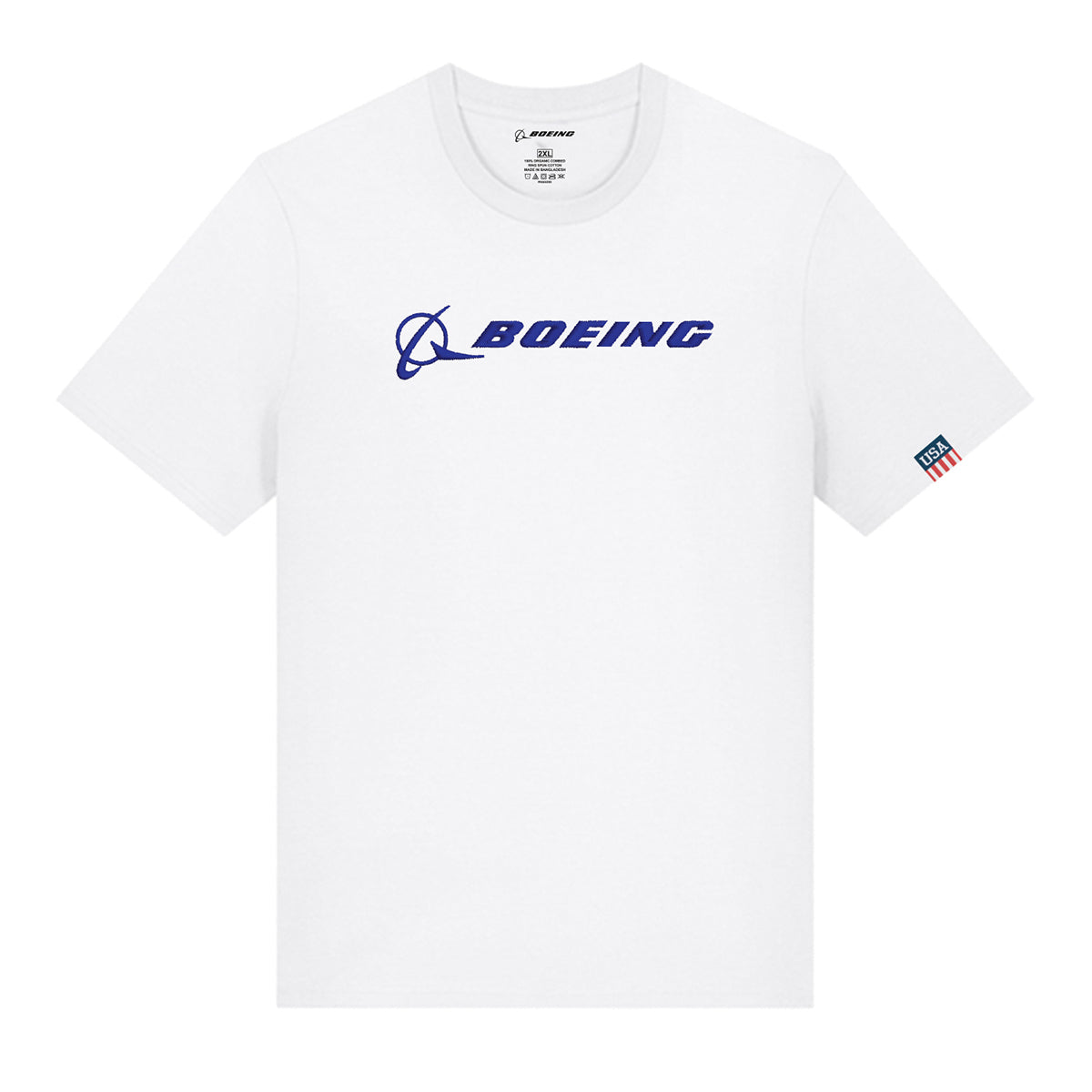 The Boeing Americana Unisex T-Shirt by BOEING features a blue Boeing logo and text on the chest plus an American flag patch on the left sleeve—a perfect tee to show your pride.