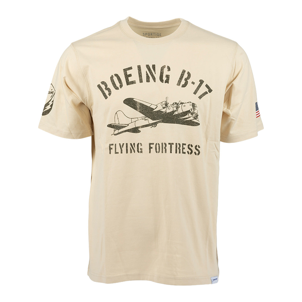 The Boeing Heritage B-17 Flying Fortress Unisex T-Shirt by BOEING features a beige design with a graphic of the iconic Boeing B-17 Flying Fortress aircraft and the text “BOEING B-17 FLYING FORTRESS,” plus an American flag patch on the right sleeve—an ideal choice for aviation enthusiasts.
