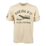 The Boeing Heritage B-17 Flying Fortress Unisex T-Shirt by BOEING features a beige design with a graphic of the iconic Boeing B-17 Flying Fortress aircraft and the text “BOEING B-17 FLYING FORTRESS,” plus an American flag patch on the right sleeve—an ideal choice for aviation enthusiasts.