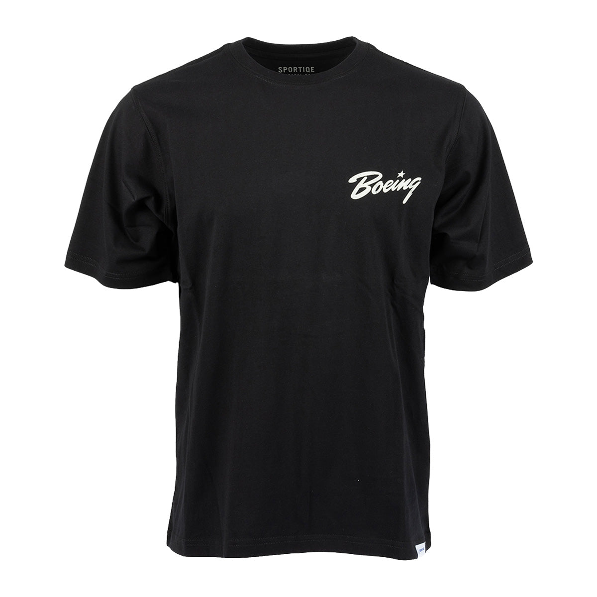 The Boeing Heritage Script B-17 Flying Fortress Unisex T-Shirt by BOEING is a black short-sleeve shirt featuring “Boeing” written in white script on the left chest area. Celebrating Boeing Heritage and aviation history, the shirt is plain with no other visible designs or logos.