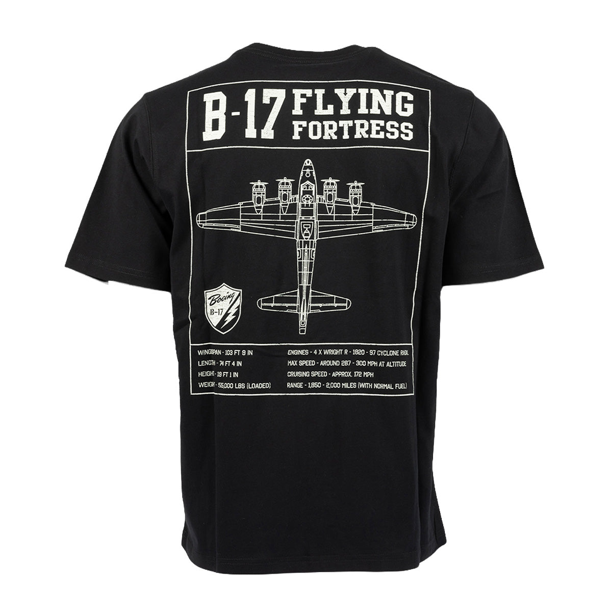 Show your passion for aviation history with the Boeing Heritage Script B-17 Flying Fortress Unisex T-Shirt by BOEING. This black tee features a bold white graphic of the legendary Flying Fortress, including detailed plane specs, a diagram, and an emblem on the back—a stylish tribute to both aviation heritage and Boeing’s historic legacy.