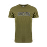 A unisex olive green Boeing P-51 Mustang Stencil T-Shirt featuring the word BOEING printed in bold, white outlined letters across the chest. Inspired by vintage aviation, this shirt includes short sleeves and a classic crew neckline.