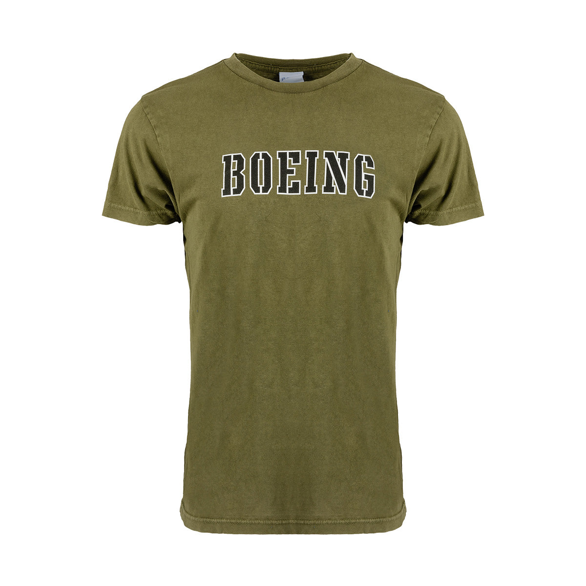 A unisex olive green Boeing P-51 Mustang Stencil T-Shirt featuring the word BOEING printed in bold, white outlined letters across the chest. Inspired by vintage aviation, this shirt includes short sleeves and a classic crew neckline.