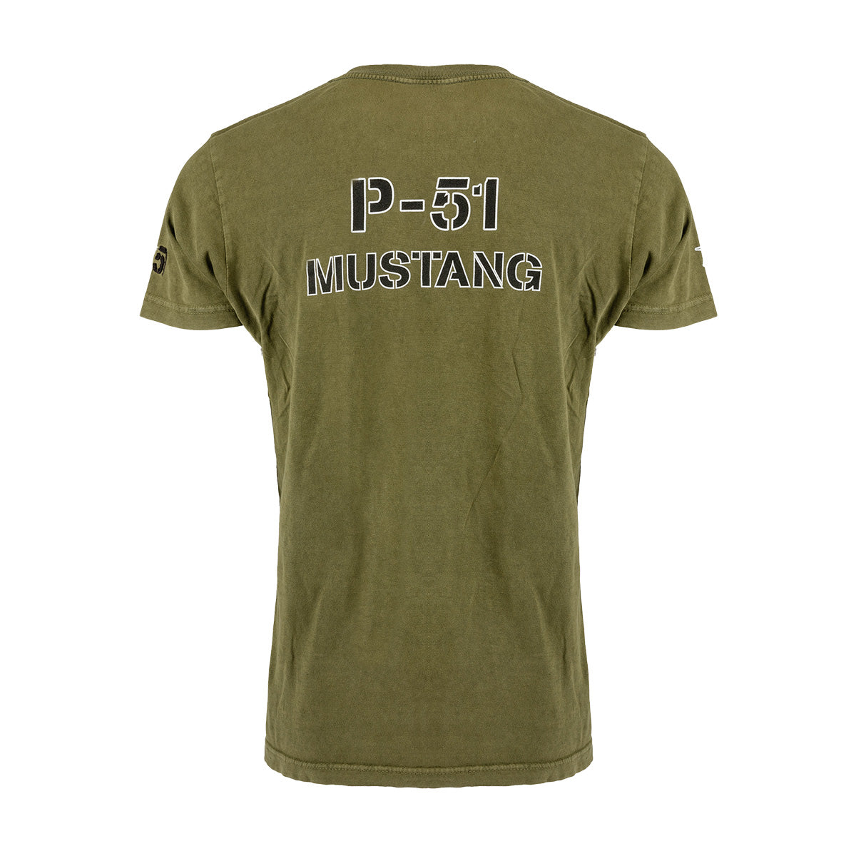 A unisex olive green t-shirt from BOEING, the Boeing P-51 Mustang Unisex Stencil T-Shirt, featuring bold white stencil-style “P-51 MUSTANG” lettering across the upper back for a vintage aviation look that honors this legendary aircraft.