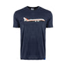 The BOEING 747 Incredibles Unisex T-Shirt showcases a graphic of a white and orange airplane inspired by aviation history on the front, printed on soft ringspun cotton in dark blue, and displayed against a plain white background.