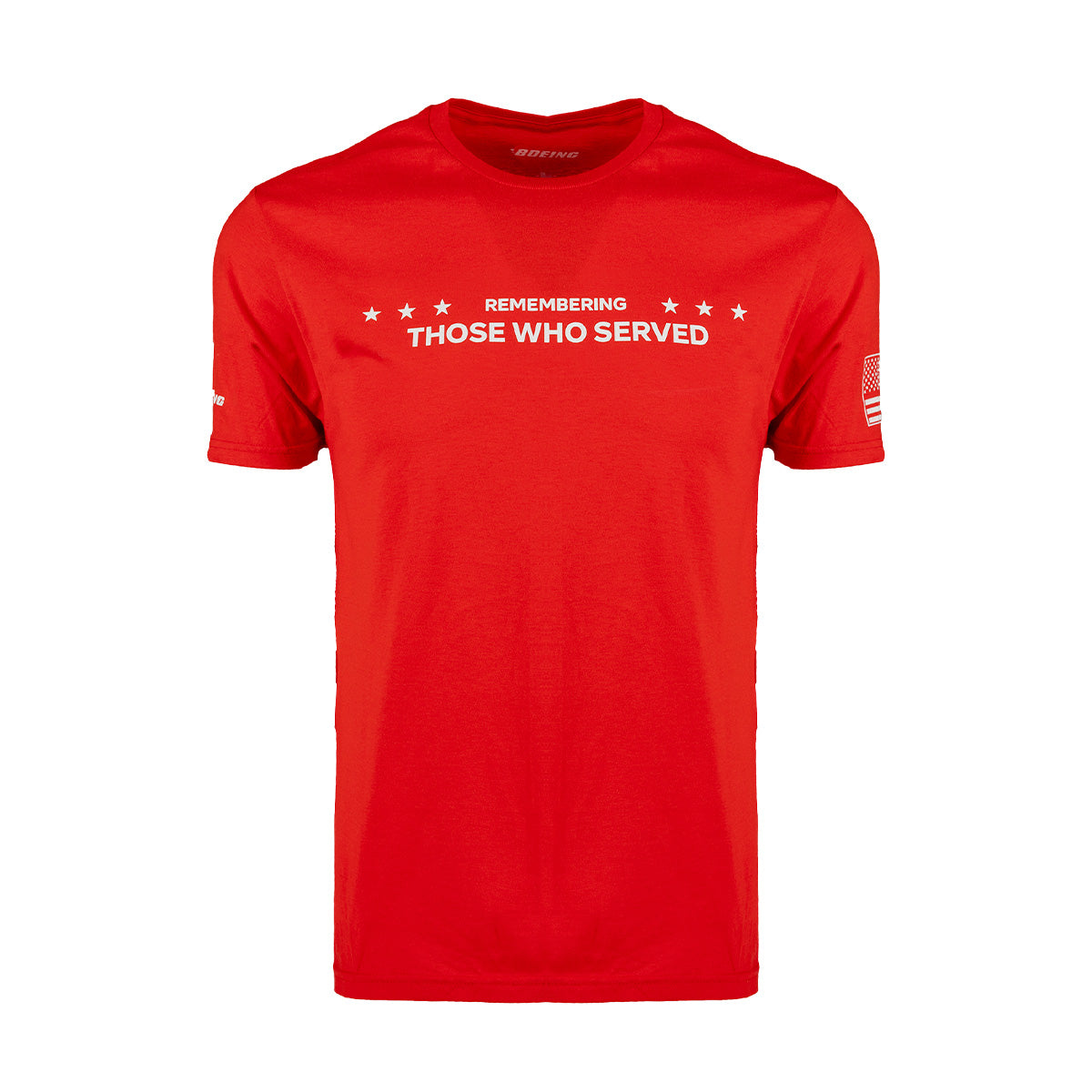The Boeing Those Who Served Unisex T-Shirt by BOEING features red fabric with bold white text that reads “Remembering Those Who Served,” accented by small white stars above and below the message. An American flag patch adorns the left sleeve, making it a perfect choice for aerospace enthusiasts who value American craftsmanship.