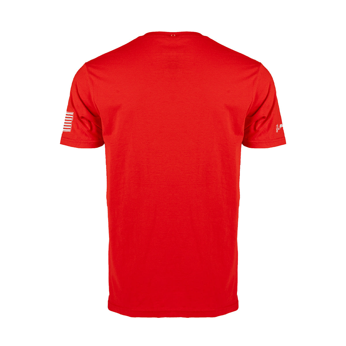 The Boeing Those Who Served Unisex T-Shirt by BOEING is a plain red short-sleeve tee viewed from the back, featuring a small American flag on the right sleeve and a small white logo on the left sleeve—perfect for aerospace enthusiasts who value quality American manufacturing.