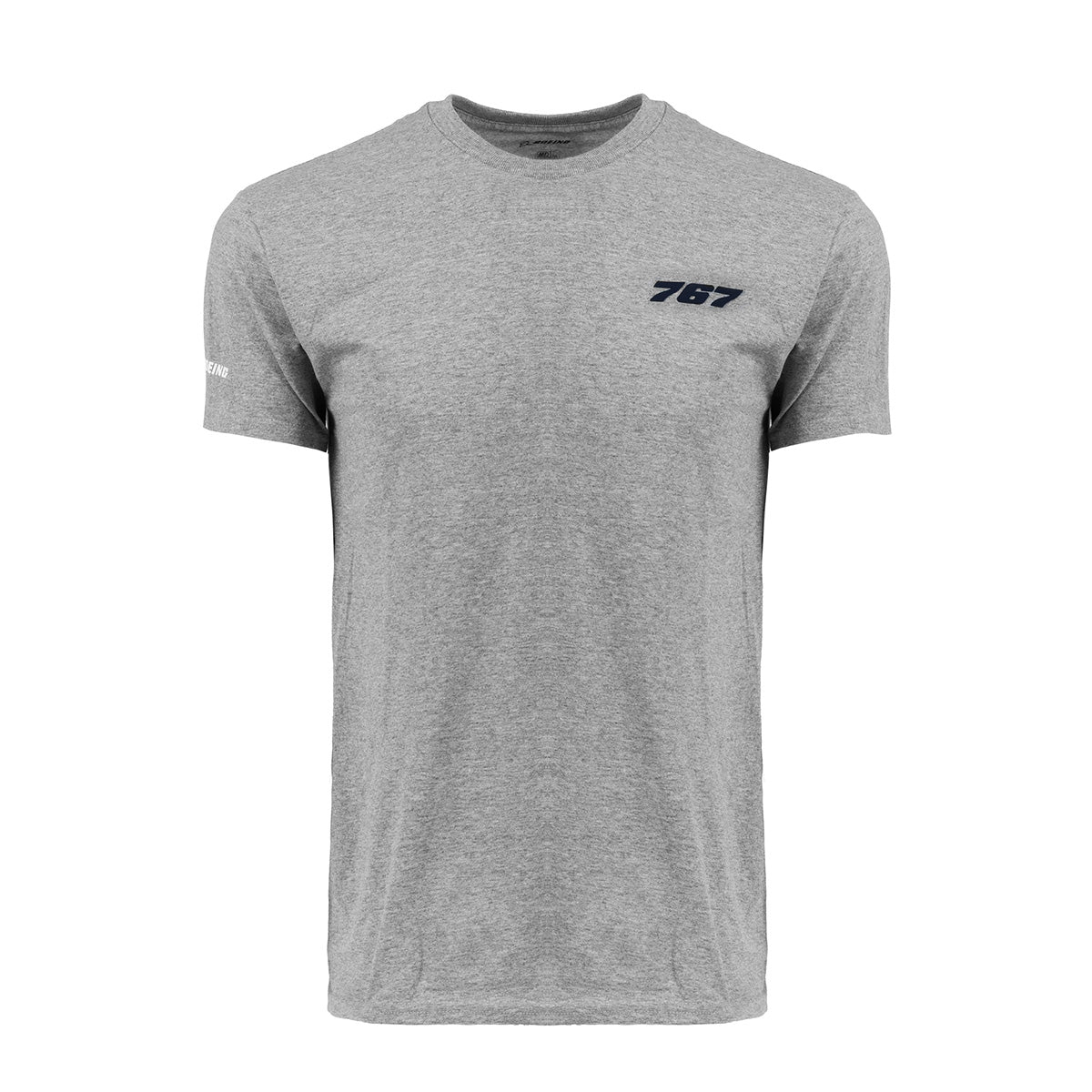 The Boeing 767 Series Unisex T-Shirt by BOEING features a plain grey design with “767” printed in dark blue on the left chest and a small white BOEING logo on the left sleeve—perfect for any aviation enthusiast.