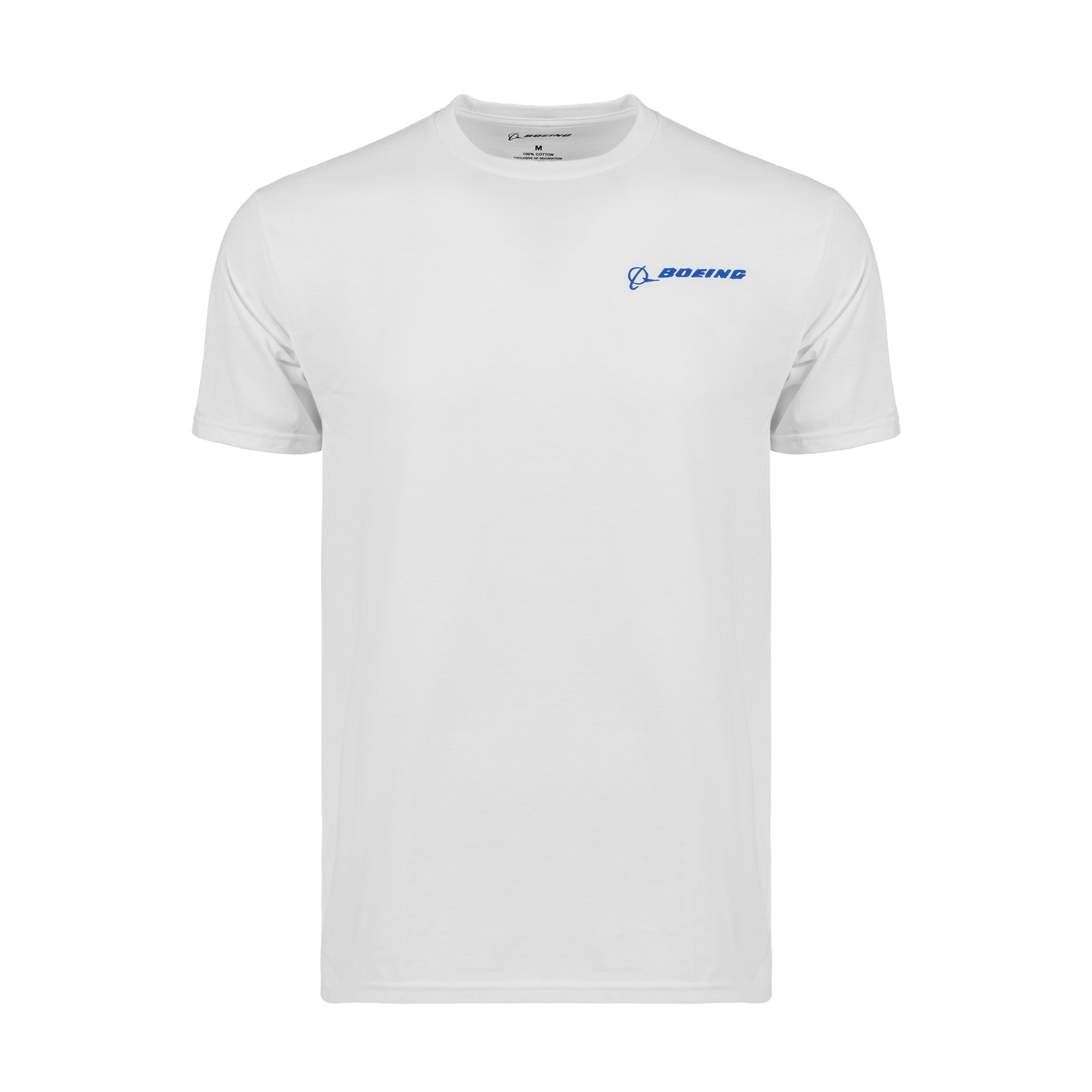 The Boeing South Carolina Destination Unisex T-Shirt by BOEING features a plain white, short-sleeve design with a small blue Boeing logo and text on the left chest. Inspired by South Carolina, this shirt is displayed against a plain white background.