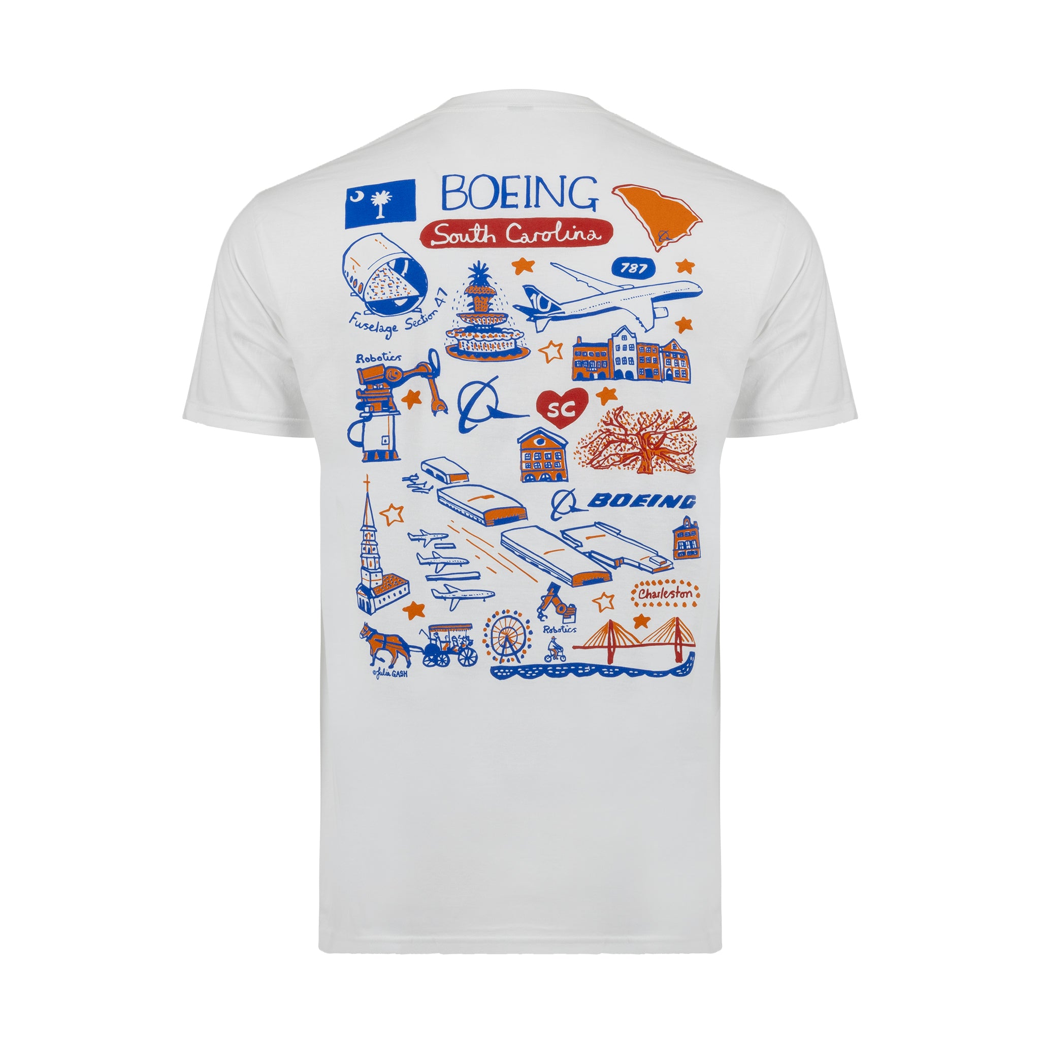 Introducing the Boeing South Carolina Destination Unisex T-Shirt by BOEING—a white shirt featuring vibrant graphics inspired by a Julia Gash design. The artwork showcases South Carolina landmarks, Boeing logos, airplanes, and symbols representing aviation, Charleston, and local culture—all creatively arranged on the back for a distinctive look.