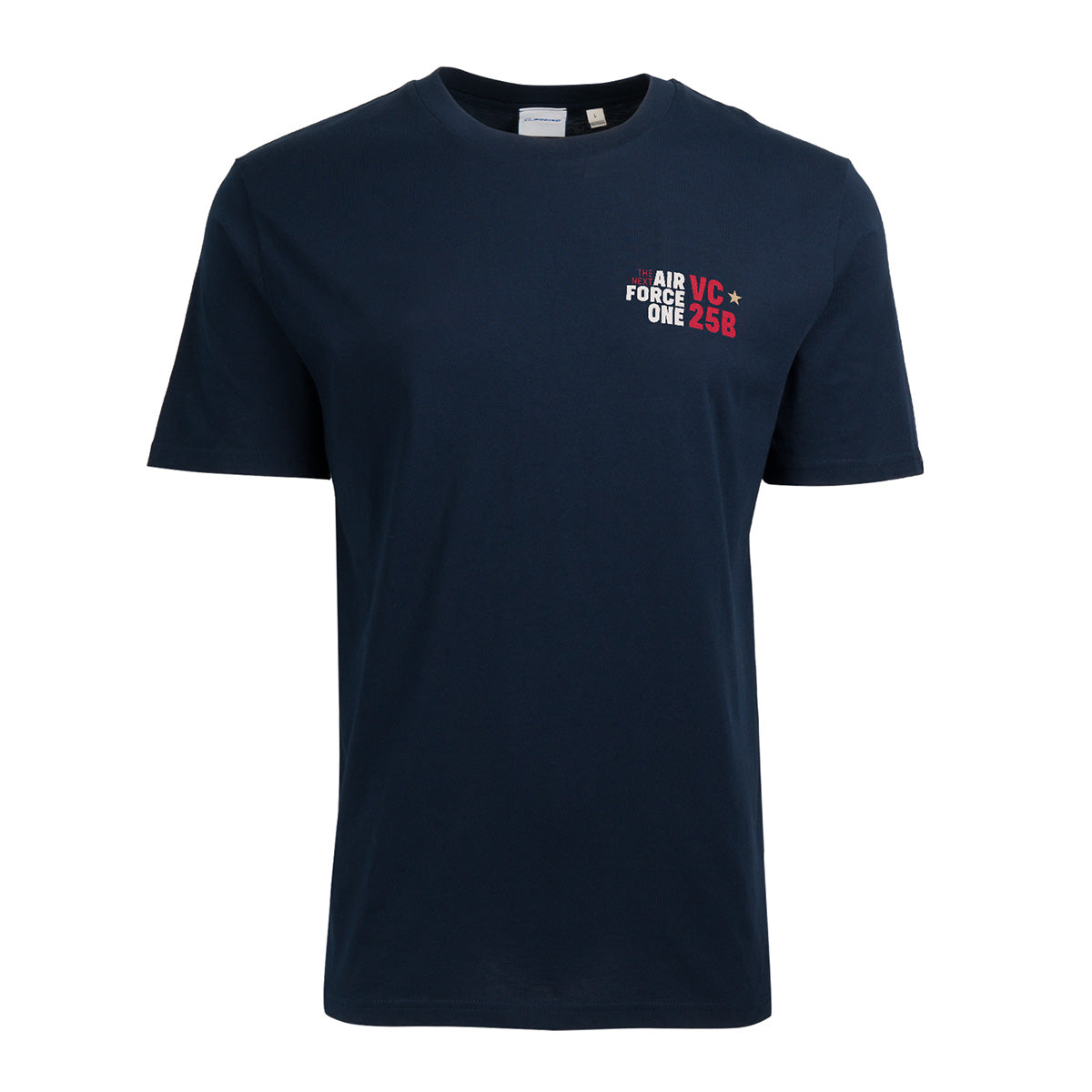 The BOEING VC-25B 2.0 Unisex T-Shirt in navy blue features AIR FORCE ONE VC-25B and a red star graphic printed in white and red on the left chest. Shown on a plain white background, this Boeing apparel is ideal for fans of presidential air travel.