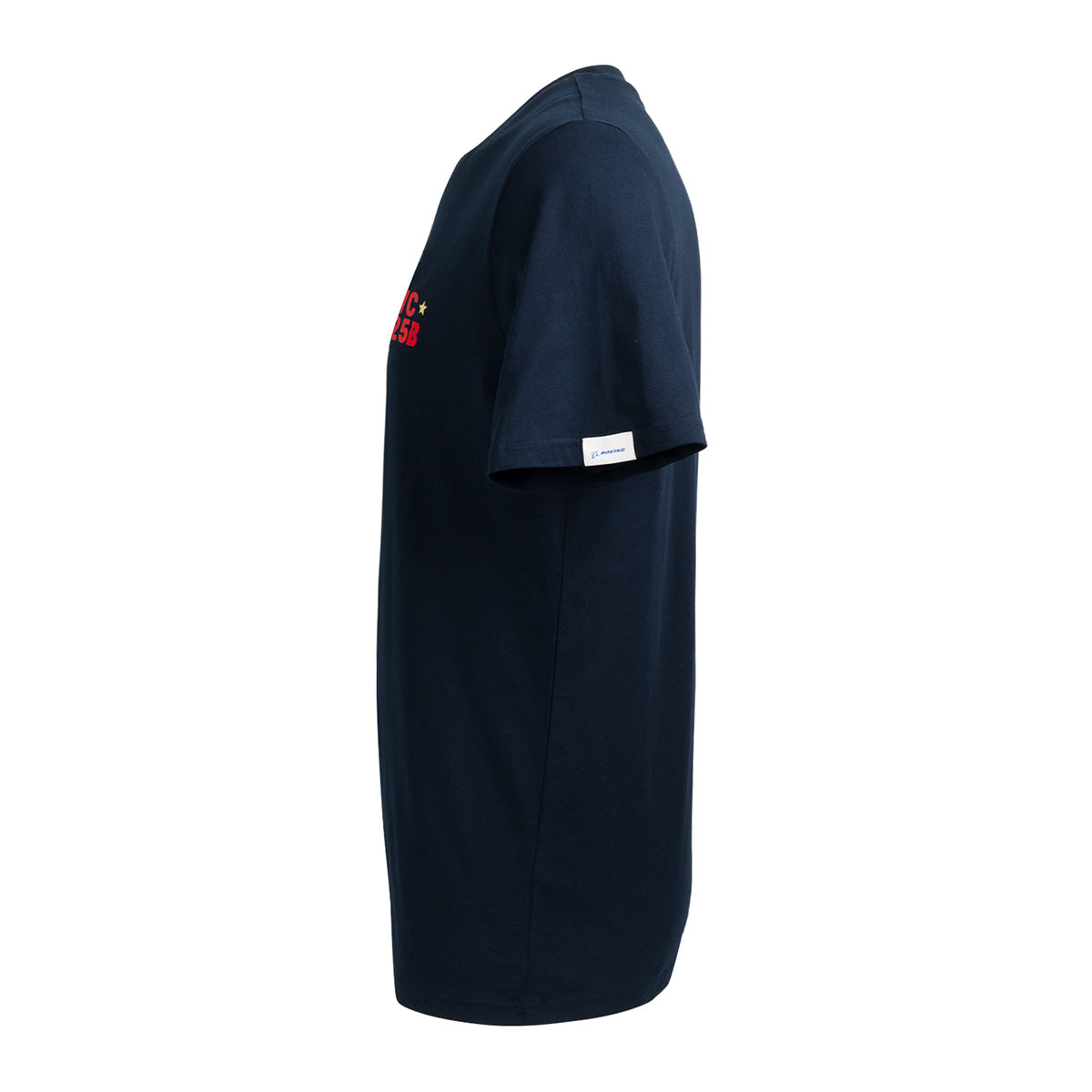 Side view of the navy blue Boeing VC-25B 2.0 Unisex T-Shirt, featuring a small white sleeve tag and subtle red text detail on the chest—a refined BOEING apparel piece inspired by presidential air travel and perfect for enthusiasts of the iconic VC-25B collection.