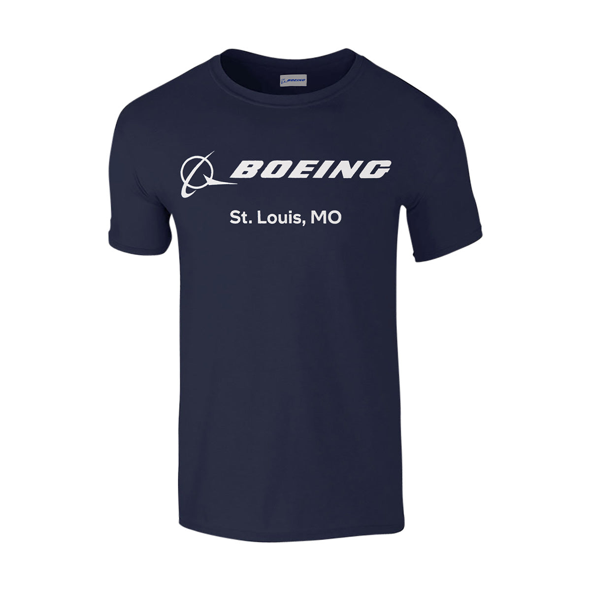 The Boeing St. Louis Fighterland Unisex T-Shirt by BOEING features a navy blue design with the iconic Boeing logo and “St. Louis, MO” printed in white on the front, offering a stylish tribute to Boeing fighter aircraft and celebrating Fighterland USA.