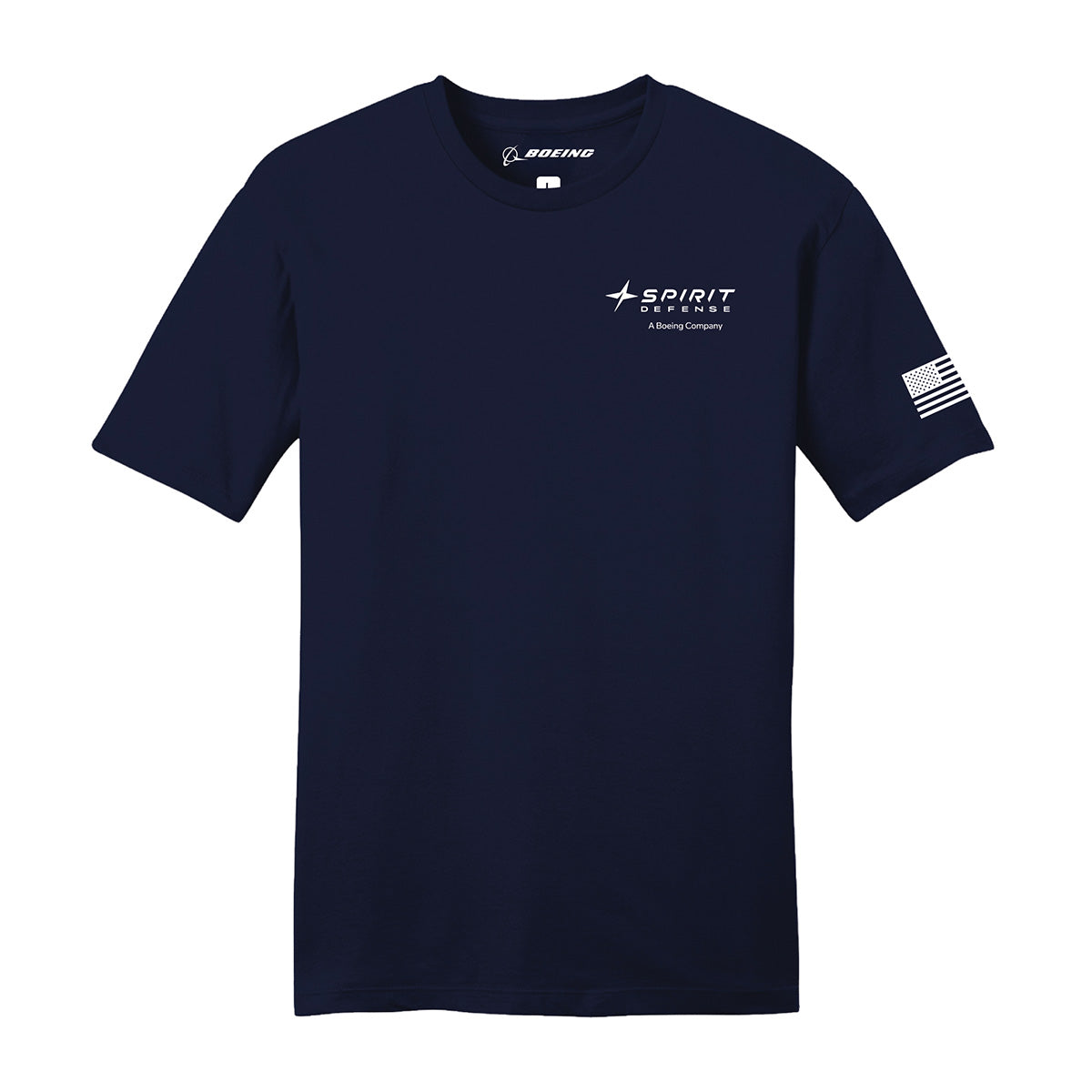 The Boeing Spirit Defense Unisex T-Shirt by Boeing features a navy blue design with the “Spirit, A Boeing Company” logo on the left chest, a Boeing logo at the neck, and an American flag on the right sleeve. Perfect for aviation enthusiasts and supporters of Spirit Defense, this shirt is shown on a plain white background.
