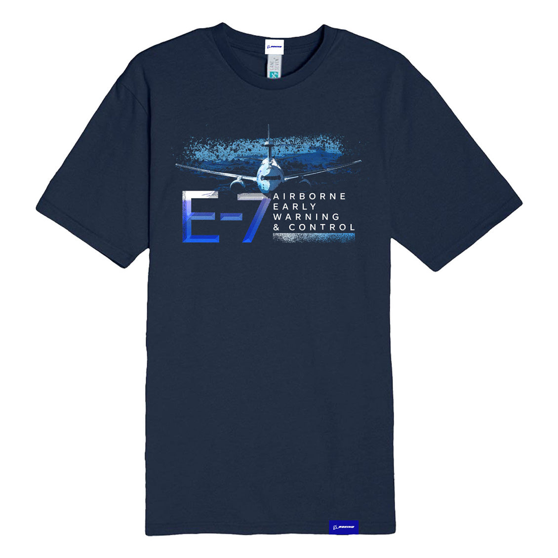 The Boeing E-7 Wedgetail Unisex Graphic T-Shirt by BOEING features a navy blue design with an airplane graphic and E-7 Airborne Early Warning & Control—ideal for aviation fans and Boeing supporters.