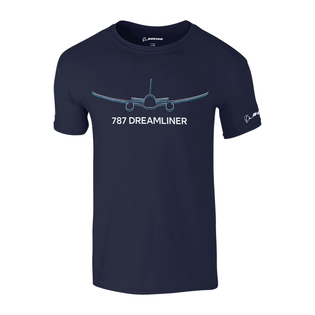 Celebrate 15 years of innovation with the Boeing 787 Dreamliner 15 Year Anniversary Unisex T-Shirt by BOEING, featuring a navy blue design with a line drawing of an airplane and “787 DREAMLINER” text on the front, plus small Boeing logos on the collar and left sleeve—an ideal tribute for every Boeing 787 Dreamliner enthusiast.