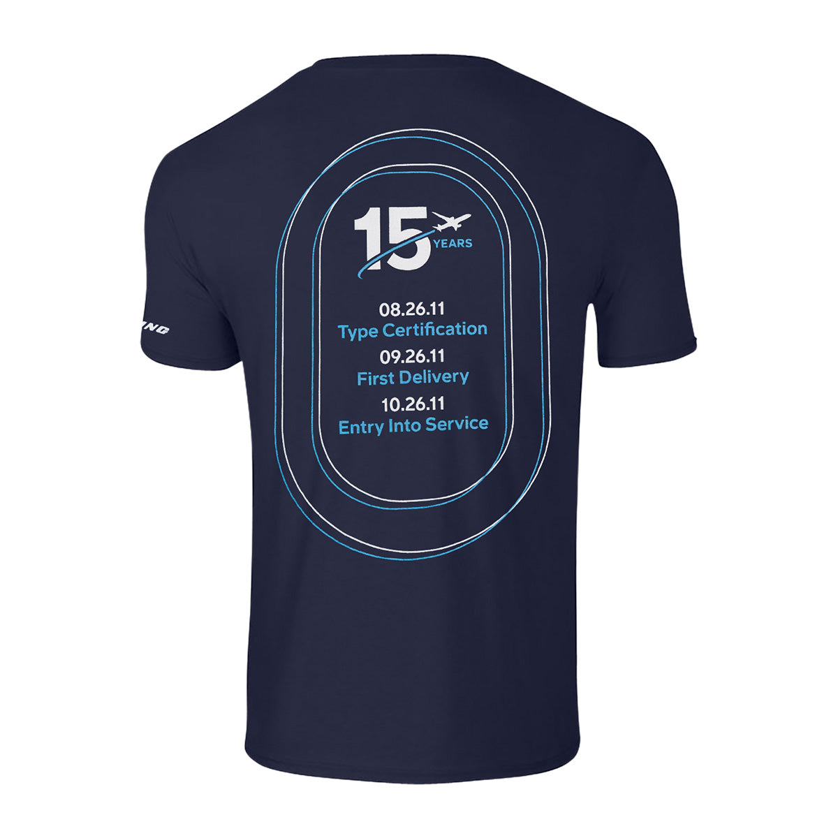 Celebrate 15 years of aviation innovation with the Boeing 787 Dreamliner 15 Year Anniversary Unisex T-Shirt by BOEING. This navy blue tee features bold “15 Years” lettering with an airplane graphic, key milestones—Type Certification (08.26.11), First Delivery (09.26.11), and Entry Into Service (10.26.11)—and a signature BOEING logo on the sleeve, honoring the enduring legacy of the 787 Dreamliner in style.