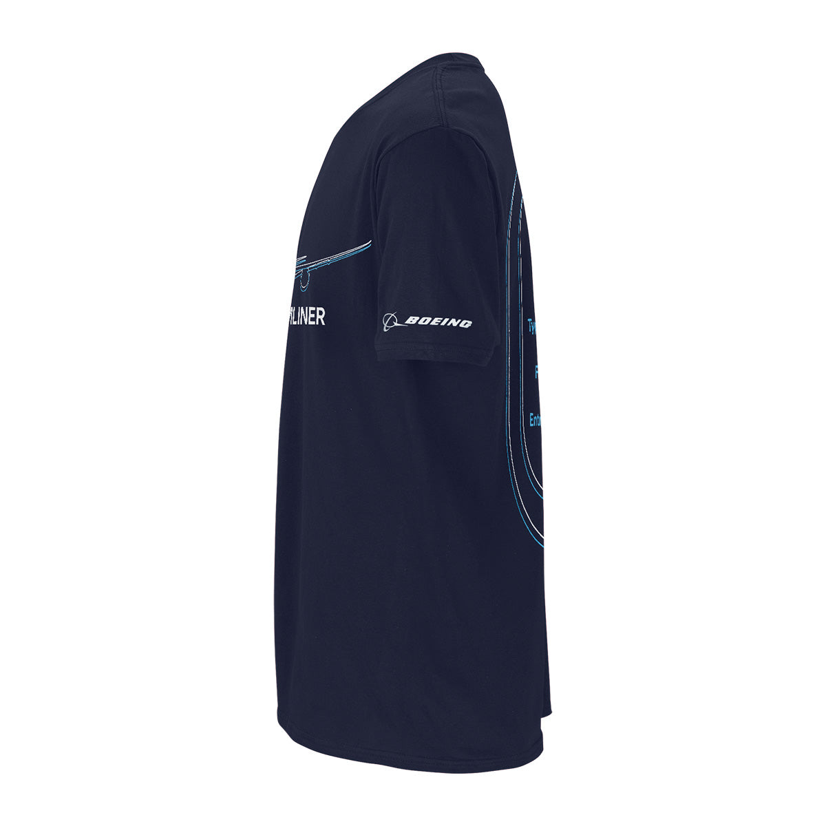 Side view of the Boeing 787 Dreamliner 15 Year Anniversary Unisex T-Shirt in navy blue, featuring BOEING and a white logo printed on the sleeve. Faint light blue graphic lines on the back and side are inspired by the iconic silhouette of the Boeing 787 Dreamliner, making this BOEING aviation shirt a standout piece for any enthusiast.