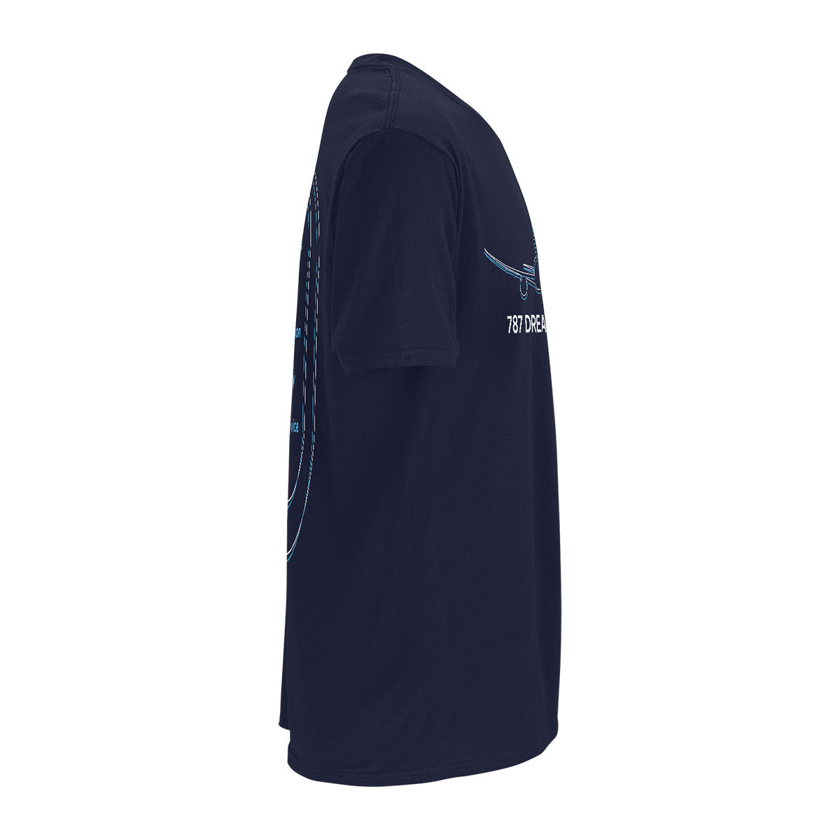 The BOEING 787 Dreamliner 15 Year Anniversary Unisex T-Shirt in navy blue is shown from the side, featuring a subtle airplane graphic and “787 DREAMLINER” text on the chest—a perfect aviation shirt for fans of the iconic aircraft.