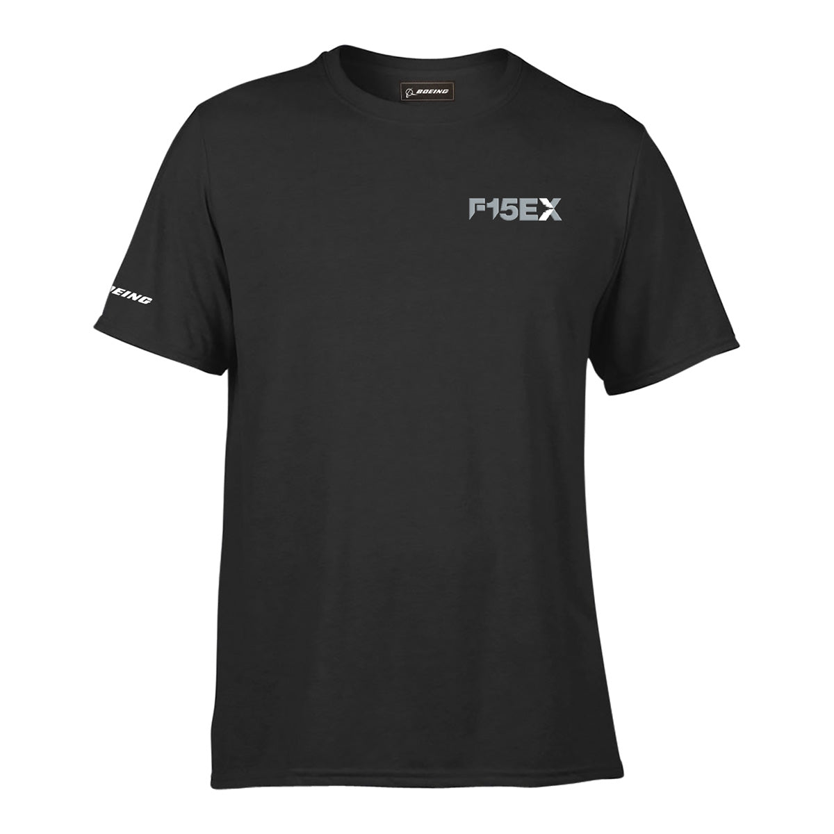 Black moisture-wicking Boeing F-15EX Eagle Series Unisex T-Shirt with F15EX printed in white on the left chest and a small white logo on the right sleeve.