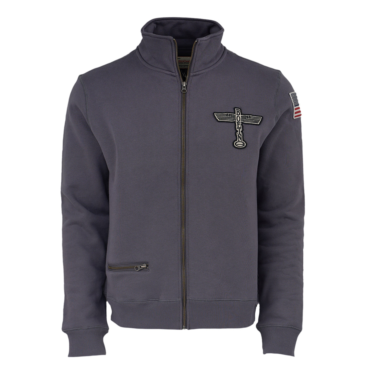The Boeing Store Red Canoe Boeing Airplane Logo Full Zip Sweatshirt features dark grey cotton poly fleece, a high collar, full zip, left chest logo patch with vintage text, right side zip pocket, and an American flag patch on the left sleeve.