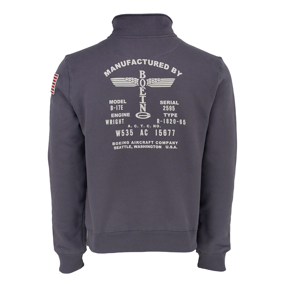 The Boeing Store’s Red Canoe Boeing Airplane Logo Full Zip Sweatshirt in dark gray features a back print with white specs on Boeing and Wright engines, a winged emblem, and logo plus American flag patch on the right sleeve.