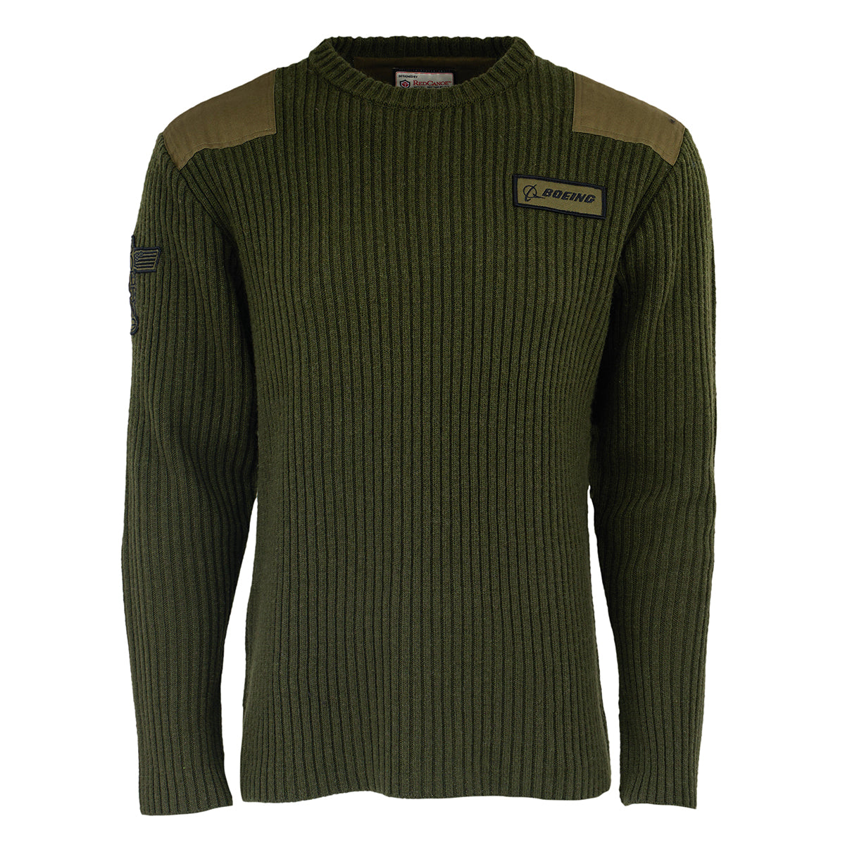 The Red Canoe Boeing Ribbed Crewneck Sweater from The Boeing Store features durable olive-green construction, reinforced shoulder patches, a chest Boeing logo patch, American flag on the left sleeve, crew neckline, and long sleeves.