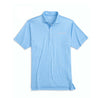 Full length image the polo in malibu blue. White buttons with white Boeing logo on left chest. 