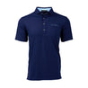 Full product image of polo in maltese blue color.  Light blue Boeing logo on left chest.  Polo features 4 buttons.