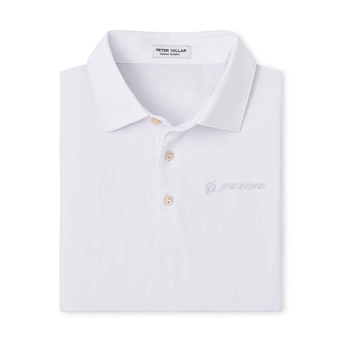 The Peter Millar Boeing Men’s Solid Performance Mesh Polo is a white collared shirt with three beige buttons and a subtle Boeing logo. Made from lightweight mesh, it provides breathable comfort and moisture wicking for all-day wear.