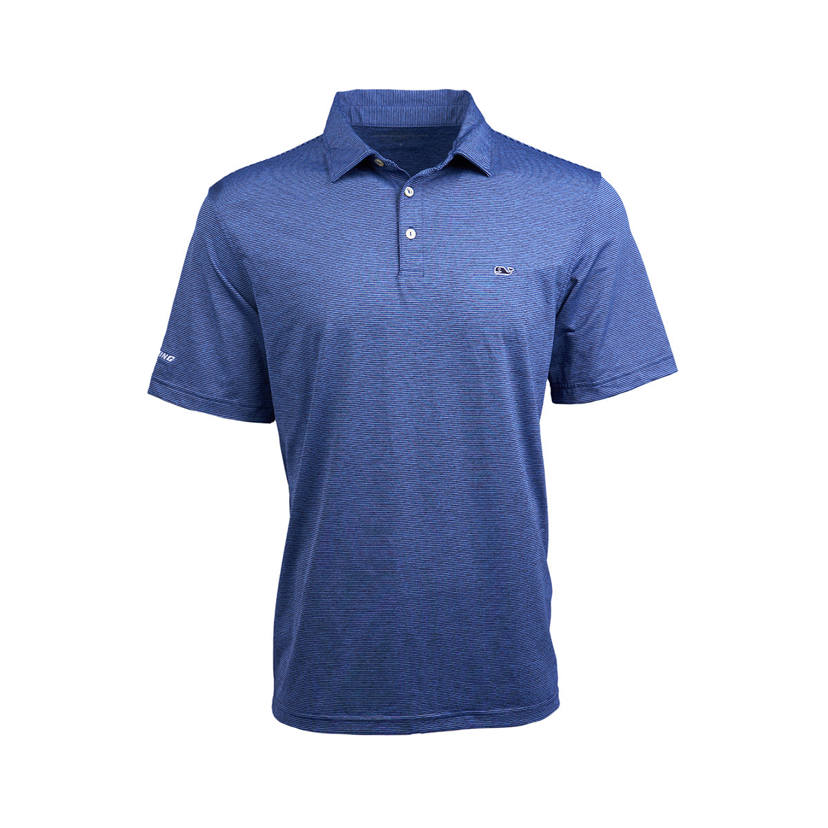 Full product image of the polo in navy color.  Vineyard Vine logo on left chest.  White Boeing signature logo on right sleeve.
