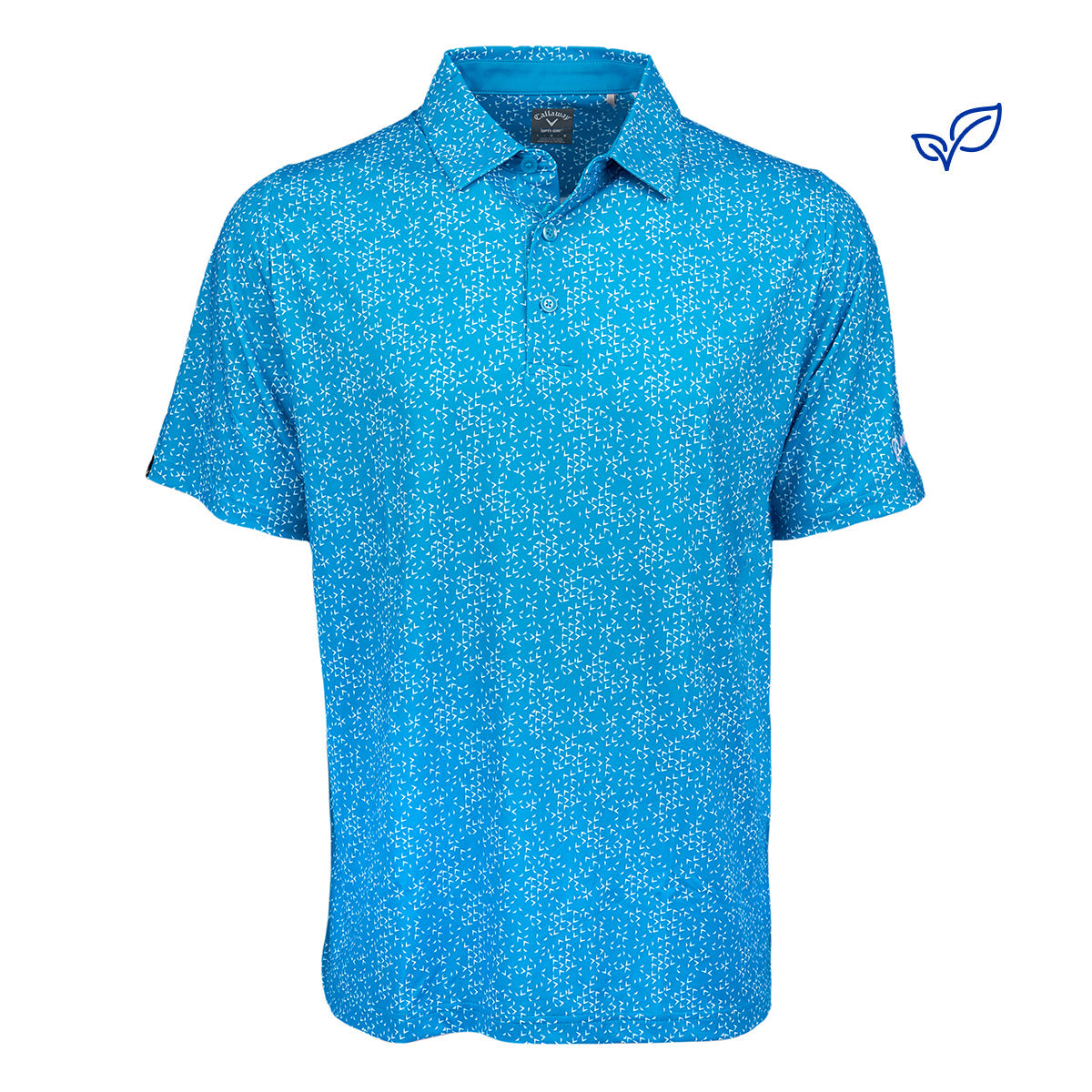 The Callaway Boeing Mens Chevron Polo by Boeing features a bright blue color with an all-over white micro-dot pattern, collar, buttoned neck, UPF 50 sun protection, and a small leaf icon on the chest.