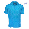 The Callaway Boeing Mens Chevron Polo by Boeing features a bright blue color with an all-over white micro-dot pattern, collar, buttoned neck, UPF 50 sun protection, and a small leaf icon on the chest.