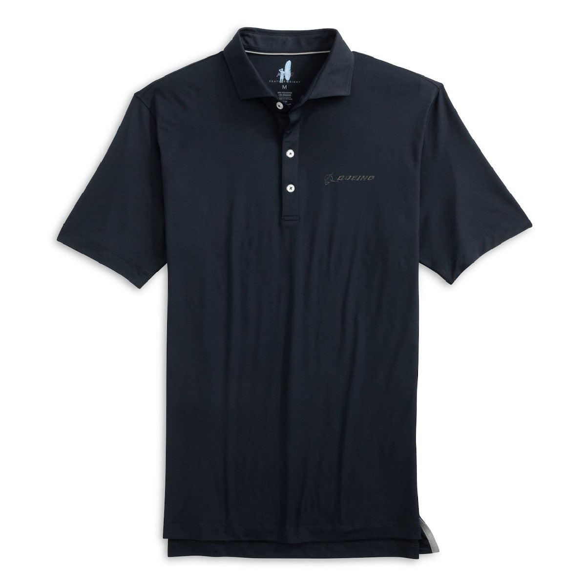 The johnnie-O Boeing Men’s Huronn Performance Polo is a black golf shirt with a collar, three buttons, and an embroidered logo on the chest. Made by Boeing, its smooth, slightly shiny fabric provides a polished look suitable for casual events and golfing.