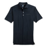 The johnnie-O Boeing Men’s Huronn Performance Polo is a black golf shirt with a collar, three buttons, and an embroidered logo on the chest. Made by Boeing, its smooth, slightly shiny fabric provides a polished look suitable for casual events and golfing.