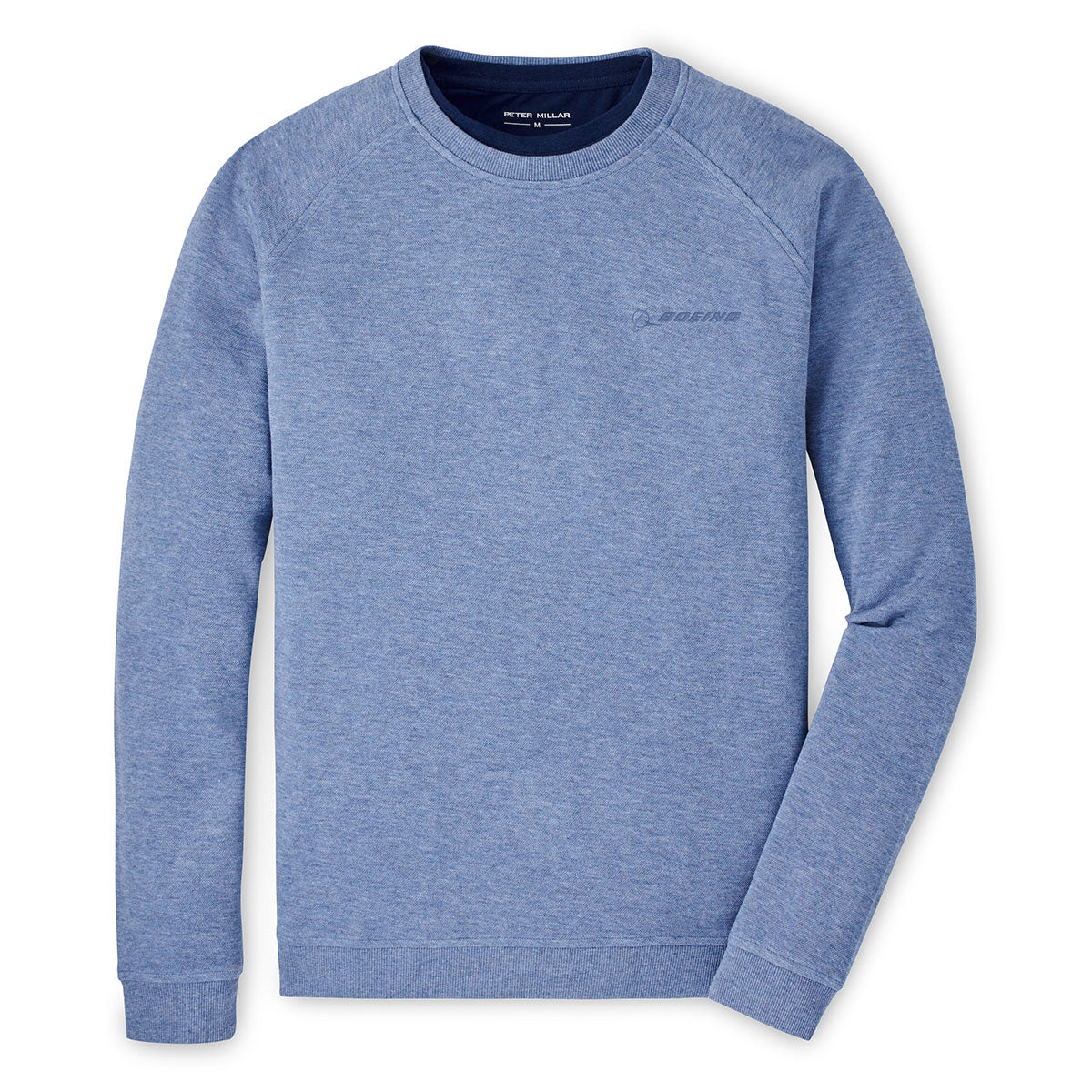 The Peter Millar Boeing Men’s Crown Comfort Crewneck is a light blue, long-sleeve sweater featuring shoulder seam detailing and a small Boeing logo on the chest. Lightweight and breathable, it includes a Peter Millar collar tag.